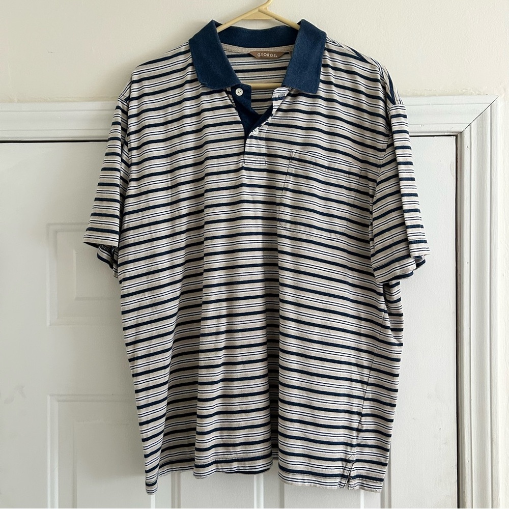 Striped Polo Shirt - Navy and Tan